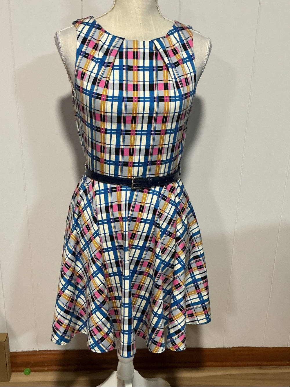 Closet Multicolor Plaid Midi Dress with Blue Belt